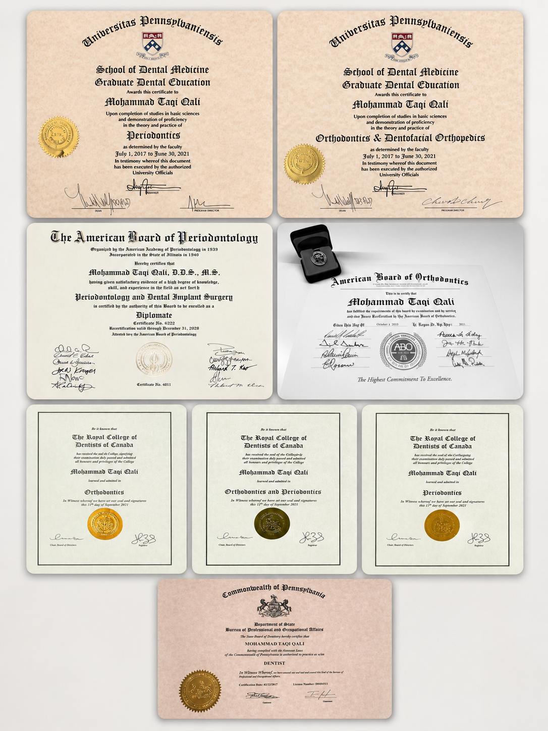Professional certificates and board certifications